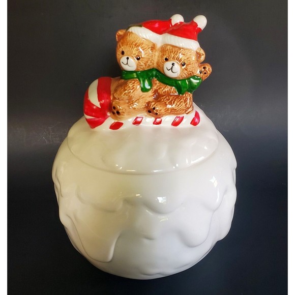 Vtg Santa Bear Cookie Jar Teddies Riding Candy Cane Sleigh Sled on Snowball NOS - Picture 1 of 9